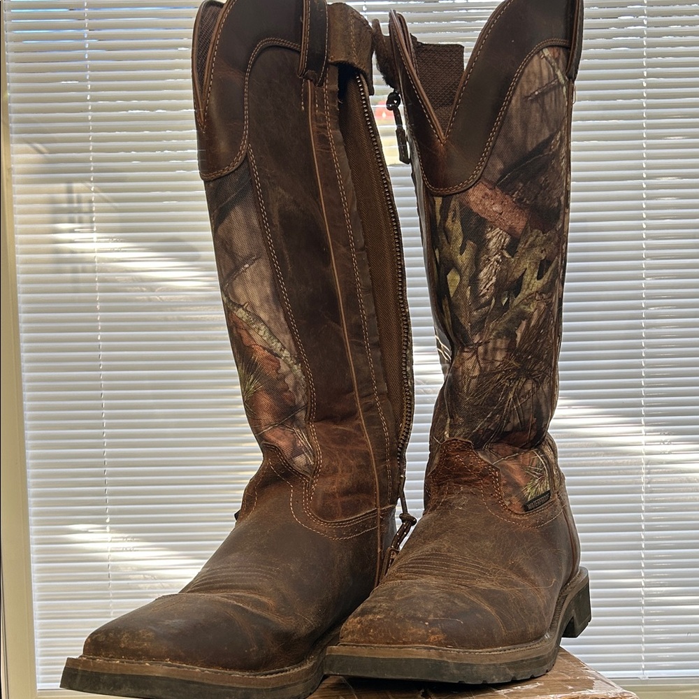 Justin Stampede Brown Leather Cowboy Snake Boots with Mossy Oak Camo Mens 11EE